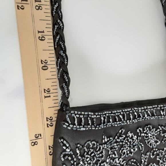 Vintage 80s Black Beaded Micro Crossbody Union Made Snap Closure Evening Wear - Picture 13 of 13